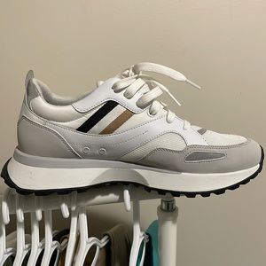 HUGO BOSS MIXED-MATERIAL TRAINERS WITH SIGNATURE STRIPE